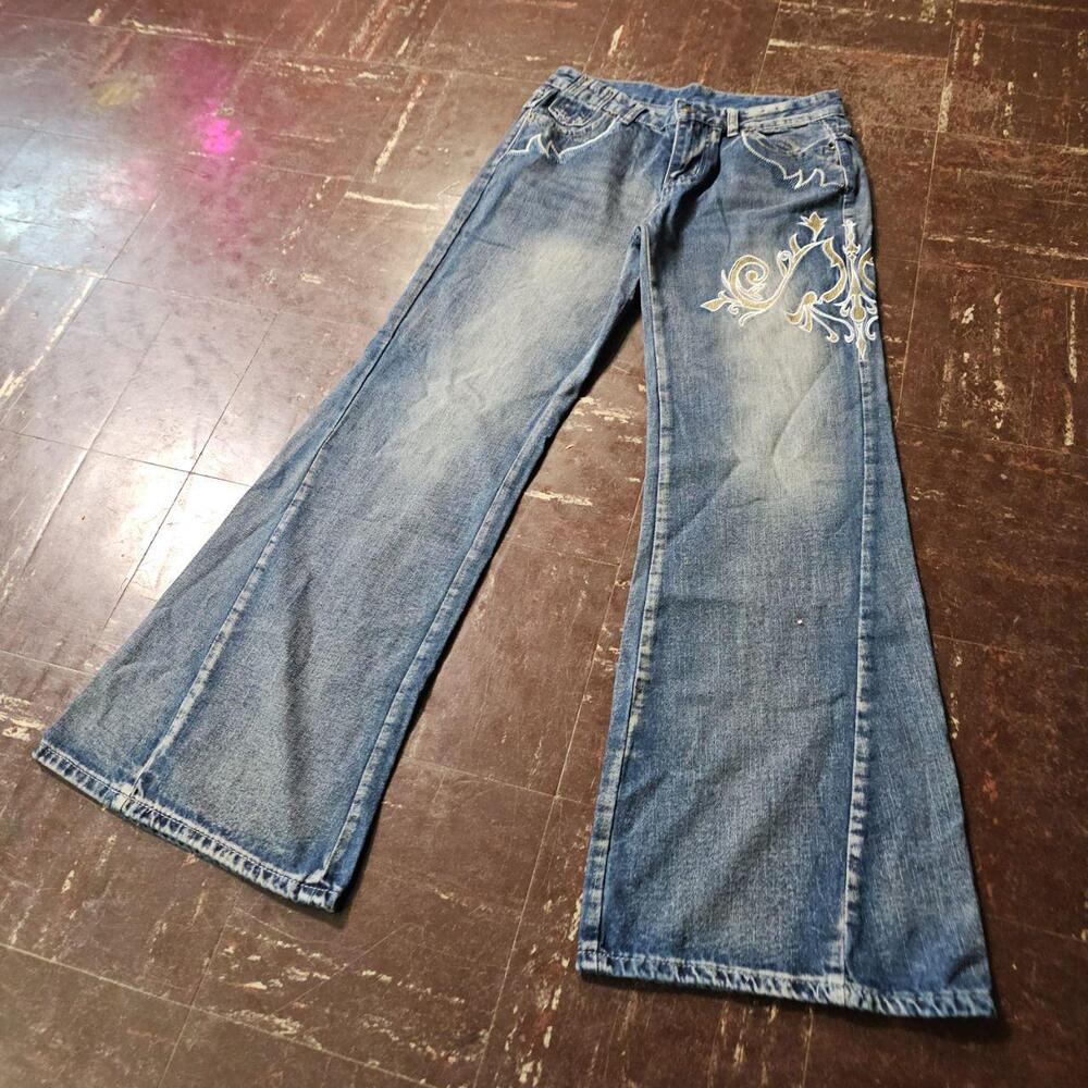Flare Jeans Tornado Style Embroidered Washed Distressed Blue (M) ✨